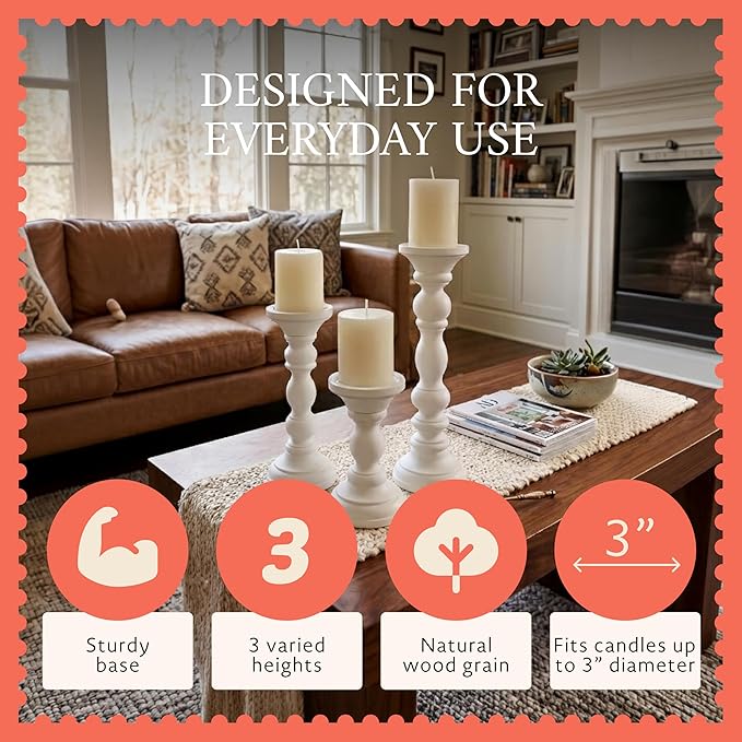 Mela Artisans 6”, 9” & 12” Mango Wood Pillar Candle Holder Set of 3 – Willow Design Matte White – Wooden Candle Holders for Table, Mantel & Living Room Décor