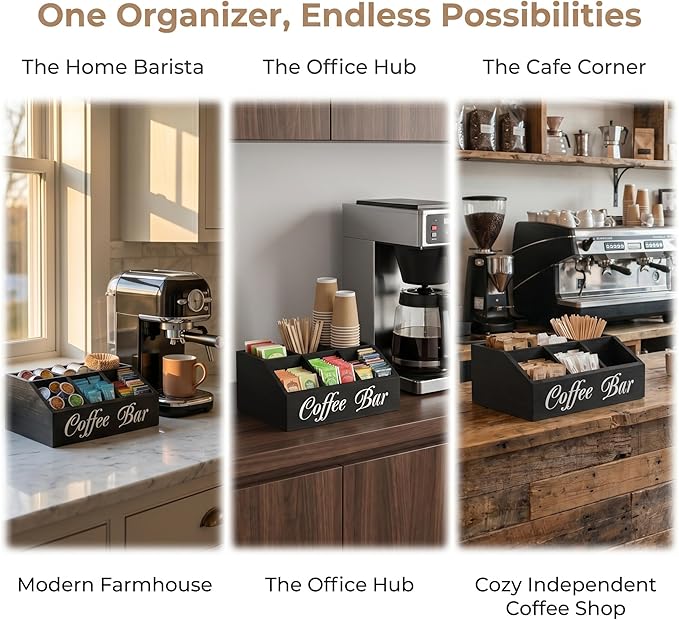 Wooden Coffee Bar Organizer, Farmhouse Counter Coffee Station Accessories Organizer, Rustic Decor Natural Solid Wood, 5 Compartment Design, Large Space Storage