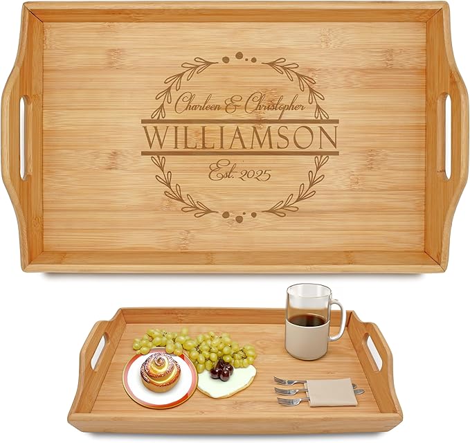 Personalized Bamboo Wood Serving Tray with Handles, Engraved Wooden Trays, Wedding Gifts, Housewarming Gifts (Williamson)