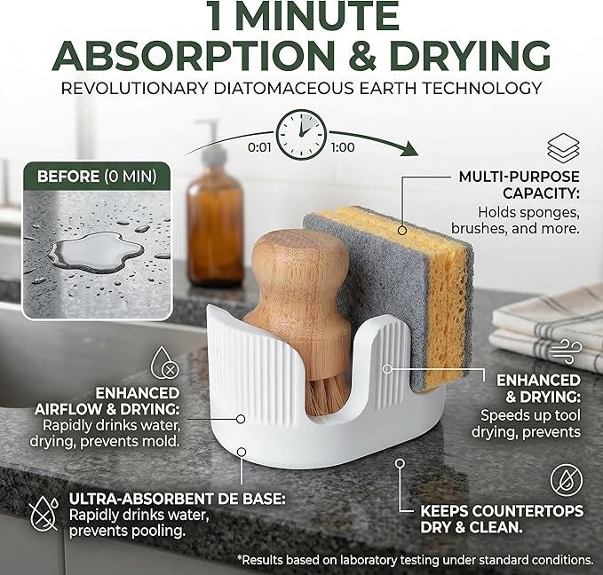 Diatomite Sponge Holder with 2 Slot Design – Quick Drying, Absorbent & Space-Saving Organizer for Kitchen Sponges, Scrubbers & Brushes – Keeps Sponges Dry and Countertop Clean, Bright White