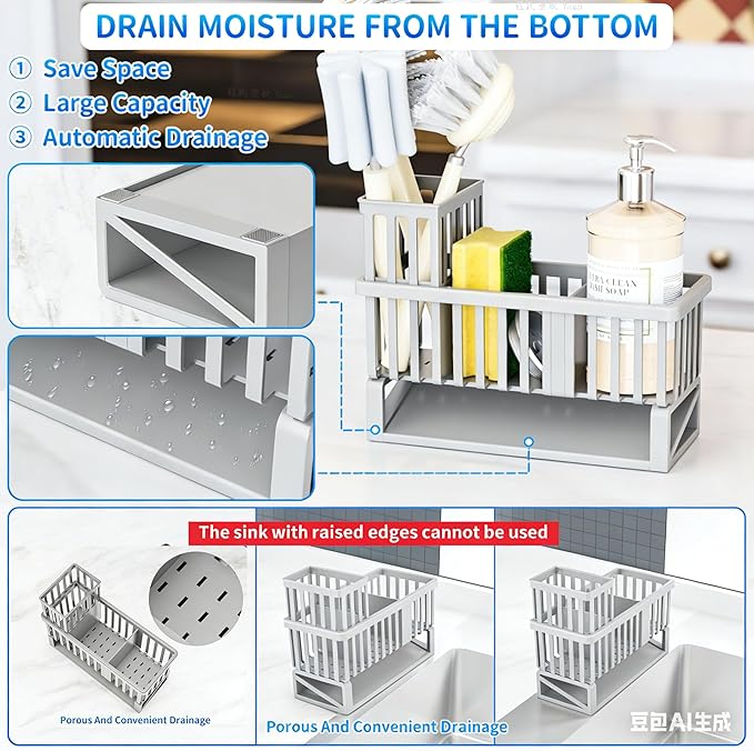 Yieach Rustproof Sink Caddy & Kitchen Sink Organizer,Plastic Dish Sponge Holder with High Scrub Brush Holder,Sponge Rack for Kitchen Sink,Multifunctional Sponge Drain Rack,Dish Soap Caddy & Dispenser