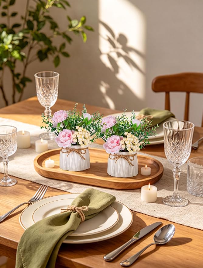BLOSMON Table Decor Artificial Flowers Vase 7 Inch Small Fake Pink Flower Arrangement 2pcs for Tables Centerpieces Kitchen Dining Room Decorations Faux Flower in Vase Coffee Table Silk Roses