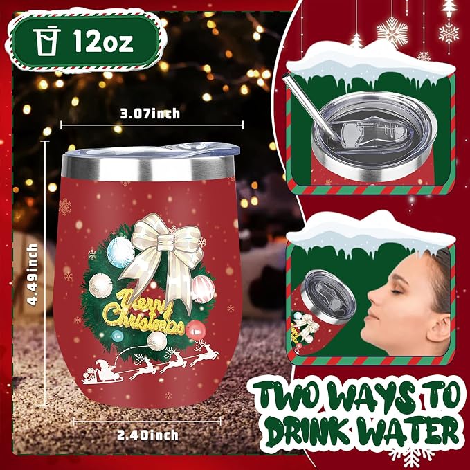 MEZMUT Christmas Wine Tumbler Unique Mom Christmas Gifts for Women Her 12oz Stainless Steel Wine Glass Christmas Cups Insulated Tumblers with Lids&Straws Double Wall Vacuum Coffee Tumbler Mugs