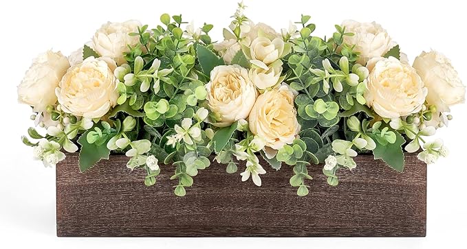 Dahey Centerpiece Table Decorations for Dining Room Farmhouse Table Centerpieces Decor Wood Tray with 3 Artificial Flowers and 2 Eucalyptus for Living Room Kitchen Table, 14.1" x 4.7" x 3.1"