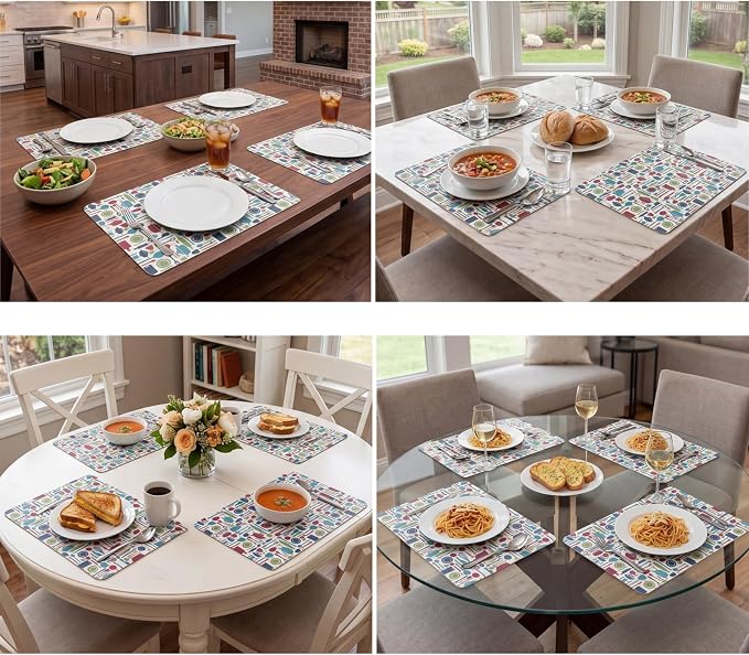 Placemats Set of 4-Waterproof Heat Resistant Non-Slip Washable Table Mats for Dining Table,12 x 18 inch Kitchen Pattern