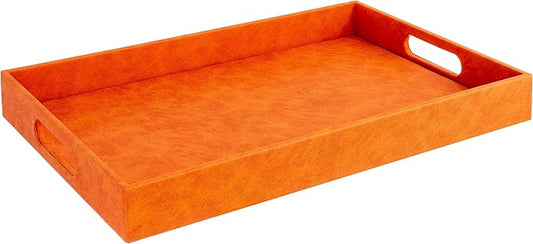 Home Redefined Beautiful Modern Elegant 17.5"x12" Rectangle Orange Faux Leather Decorative Tray Ottoman Coffee Table Perfume Living Room Kitchen Serving Tray with Handles for All Occasion's