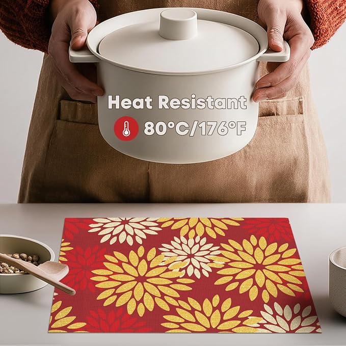Artoid Mode Floral Vinyl Placemats Set of 4, 12x18 Inch New Year Washable Non-Slip Plastic Vinyl Place Mats for Party Kitchen Dining Decor, Red