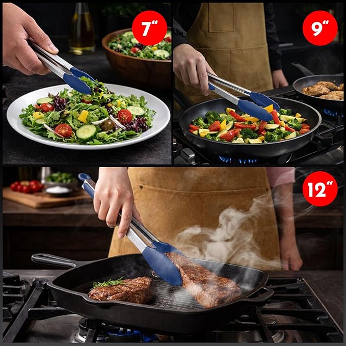 Kitchen Tongs with Silicone Tips Set of 3 Heat Resistant Tongs for Serving Food, 7-Inch, 9-Inch, 12-Inch Locking Silicone Tongs for Cooking, Salad Tong, Blue Kitchen Utensils