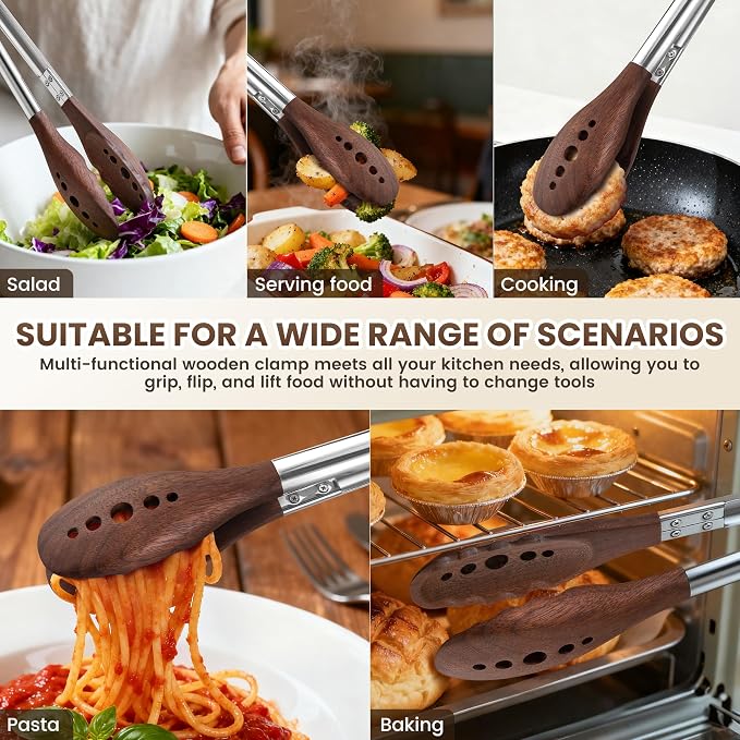 Kitchen Wooden Tongs for Cooking - 9 Inch & 12 Inch Nonstick Natural Walnut Wood Tongs, Stainless Steel Salad Tong with Walnut Wood Tips for Serving Food, Cooking, Salad, BBQ