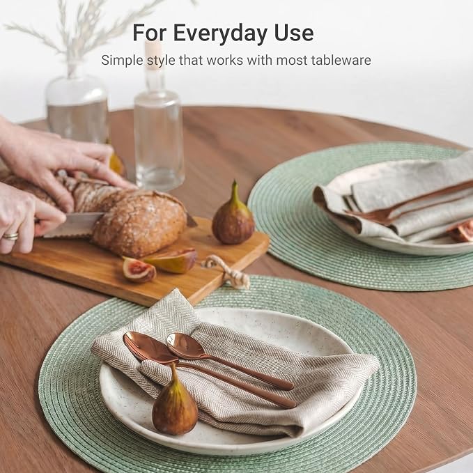 FunWheat Round Braided Placemats Set of 6 Place Mats for Dining Tables Woven Washable Non-Slip Table mats 15 inch(Fog Green, 6pcs)