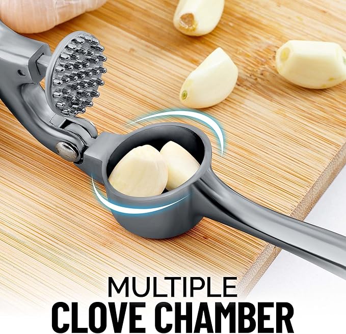 Zulay Kitchen Premium Garlic Press Set - Rust Proof Professional Garlic Mincer Tool - Easy-Squeeze, Easy-Clean with Soft, Ergonomic Handle - Silicone Garlic Peeler & Brush (Slate)