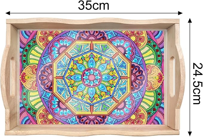 Generic DIY Diamond Serving Tray Rectangular Upgrade Increase Breakfast Tray with Handles Handmade Diamond Art Painting Wooden Tray Dinner Plate for Coffee Living Room Home Organizer-Mandala05