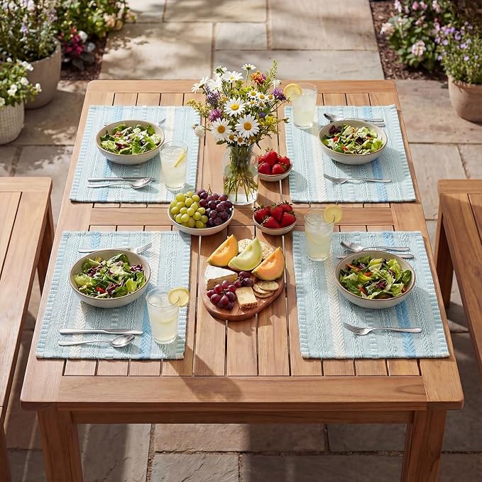 Artoid Mode Sky Blue Farmhouse Woven Braided Stripe Placemats Set of 6,12x18 Inch Seasonal Holiday Table Mats Party Kitchen Dining Decoration