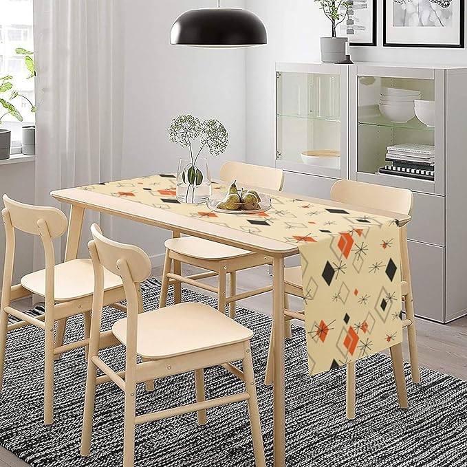 Mid Century Table Runner,Retro 1950s Modern Atomic Abstract Geometric Table Runner for Home Indoor Outdoor Kitchen Holiday Birthday Party Wedding Decor 13x60 Inch