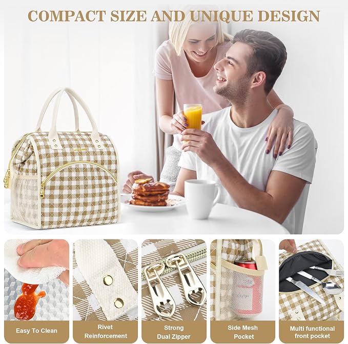 LOKASS Insulated Lunch Bag Women- Reusable 10 L Lunch Box for Women - Leakproof Tote Cooler Bag for Adults Work, Beach, Travel, Picnic （Brown&White Diamond Grid）