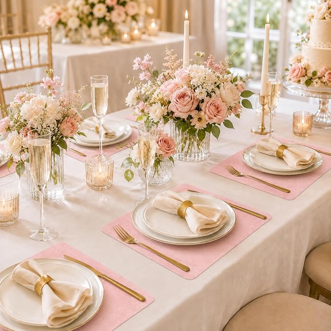 Maxpearl Faux Leather Placemats Set of 6 - Waterproof - Wipe Clean - Heat Resistant - Anti Slip Dining Table Place Mats, Suitable for Indoor & Outdoor Use, 17’’×12’’, Pink