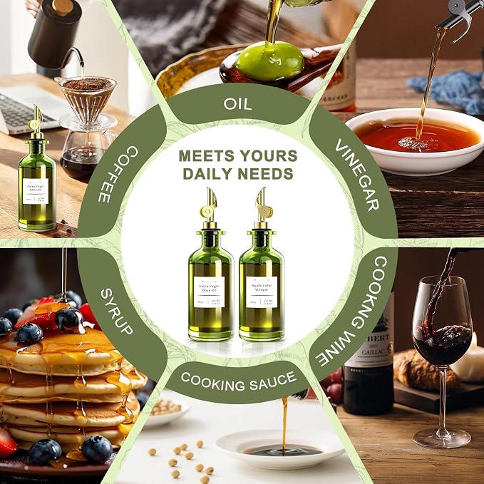COOLMI Olive Oil Dispenser Set of 2, Dark Green Glass Bottles, 12 oz | Gold Auto-Flip Spouts, Funnel, 2 Cleaning Brushes, and 45 Labels for Olive Oil, Vinegar, and Avocado Oil