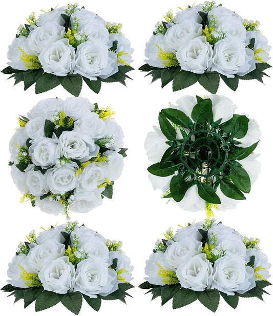 BLOSMON White Fake Flowers Centerpieces: 6 Pcs Artificial Roses Flower Ball for Wedding Dinning Table - Faux Silk Kissing Bouquet Floral Arrangement for Home Party Event Decor