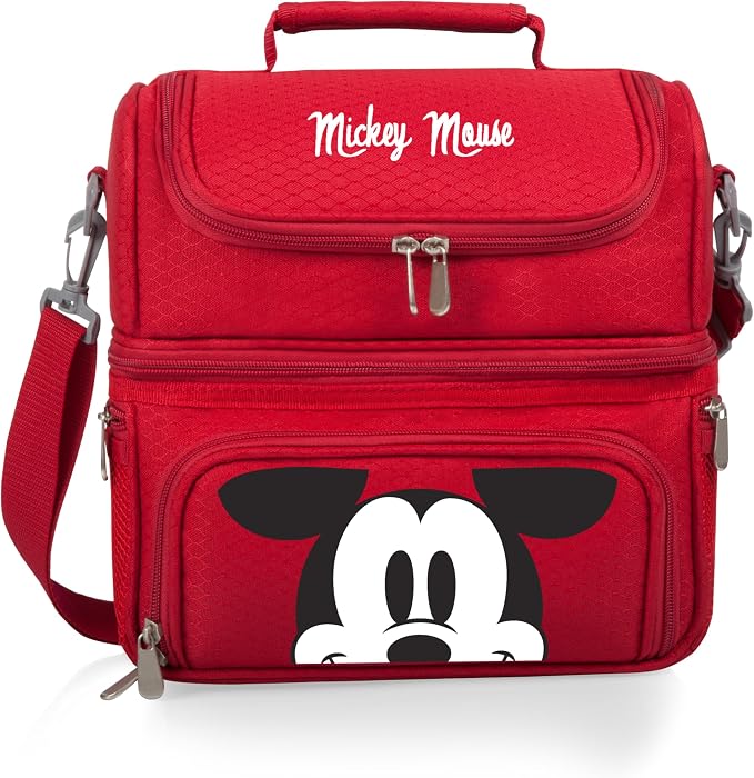 PICNIC TIME Disney Mickey Mouse Pranzo Insulated Lunch Box, Soft Sided Cooler Lunch Bag with Picnic Set, Dual Compartment Lunchbox, (Red)