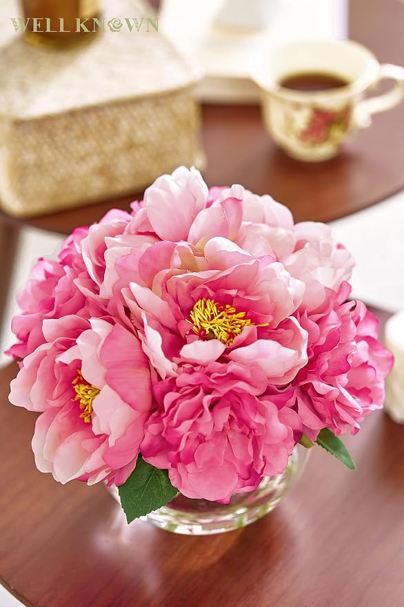 WELL KNOWN Artificial Flowers in Vase, Silk Peonies Bouquet with Faux Water, Fake Peony Pink Flower Arrangement for Home Wedding Birthday Party Dining Table Centerpiece Spring Decor & Mom's Gift