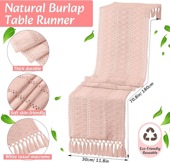 Boho Placemats 4/6/8 Set of Round Woven Placemat Macrame Style Bicolor Stitching Long Table Runner Farmhouse Rustic Natural Burlap Cotton for Kitchen Dining Table(6 Sets,Pink,12x72)