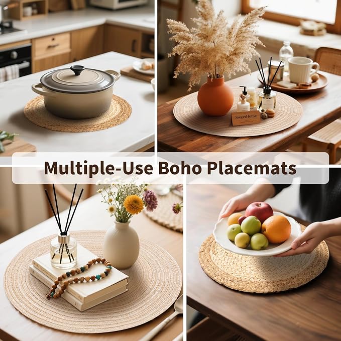 Handmade Round Boho Placemats Set of 4 | Natural Woven & Polyester Braided Combo Table Mats | 8-Piece Versatile Place Mats | Simple Rustic Farmhouse Style Dining Table Decor