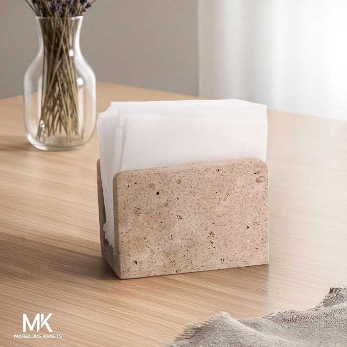 Travertine Mini Napkin Holder 3" x 4" Inch Serviette Holder for Table, Kitchen & Dining Decor, Coffee Bar Use, Ideal Napkins dispenser Bathroom Counter Organizer & Farmhouse Home