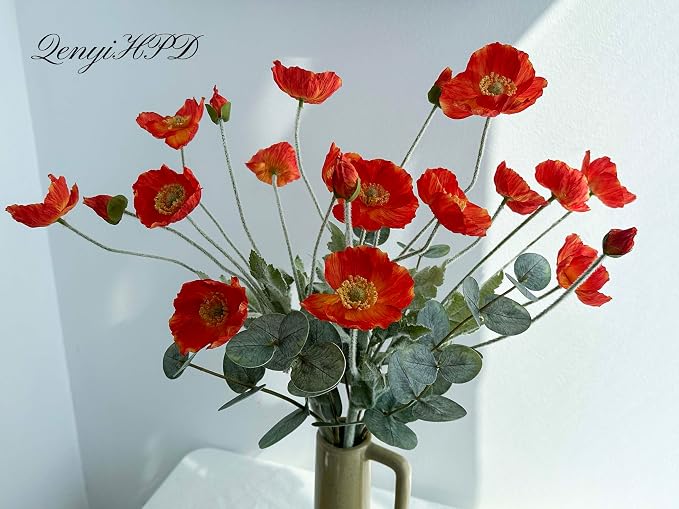 Artificial Poppy Flowers and Eucalyptus Stems for vase, Fake Blush Pink Silk Flowers Arrangement for Home Dining Kitchen Table Centerpieces, Office Decor, Farmhouse Decor (Blush Pink)