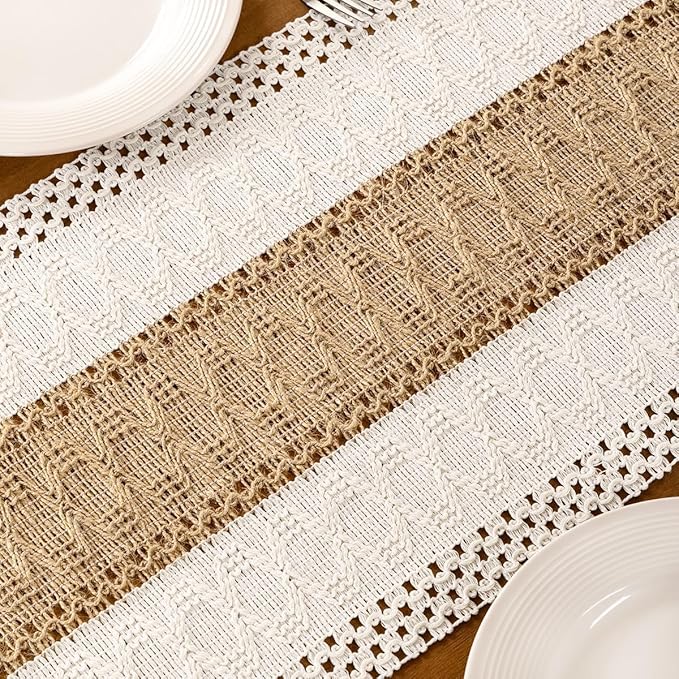 MLMC Ivory & Burlap Boho Table Runner Farmhouse Cotton Burlap Woven Table Runner 90 inch Long Rustic Seasonal Table Decor for Dinning Kitchen Wedding Bridal Shower Eveyrday Use 12x90 Inch