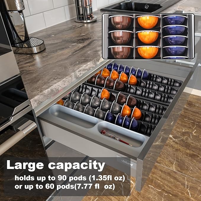 Coffee Pod Storage holder,Drawer Insert tray Holds 60-90pods Compatible with Nespresso Vertuo Vertuoline Capsules for Kitchen,Home,Office (Black)