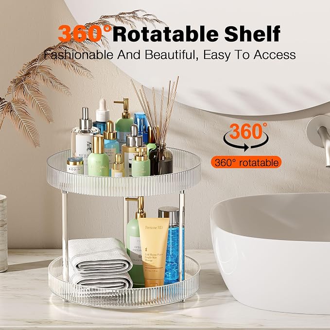 Acina 2-Tier Bathroom Countertop Organizer: 360° Clear Lazy Susan Rotating Storage Tray - Spinning Perfume Cosmetics Vanity Shelf for Bathroom Cabinet, Kitchen (Large)