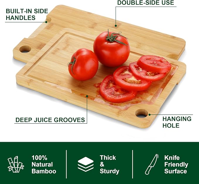 3PCS Bamboo Cutting Board Set - Durable Wooden Cutting Boards with Deep Juice Grooves & Built-in Handles & Hanging Holes, Ideal for Chopping Meat, Vegetables, Dishwasher Safe