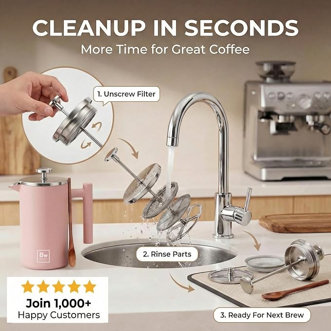 Barista Warrior French Press Coffee Maker - Double-Wall Stainless Steel Insulated French Press with Built-In Thermometer, Dual Filters Coffee Maker with Wooden Spoon - Pink