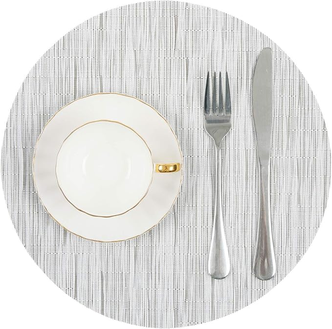 SHACOS Round Table Placemats Set of 7 Wedge Shaped Place Mat with Round Centerpiece Mat Heat Resistant Table Mats Washable (7, Gray White)