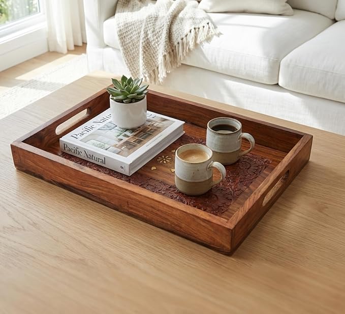15-Inch Acacia Wood Serving Tray with Handles – Large Rectangular Wooden Ottoman Tray for Breakfast in Bed, Dinner & Coffee Table - Decorative Serving Platter