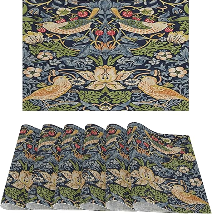 William Morris Placemats Set of 6 Vintage Floral Birds Strawberry Washable Heat Resistant Place Mats for Dining Table Anthropologie Cottagecore Linen Woven Wipeable Table Mats 11.8"X17.7"