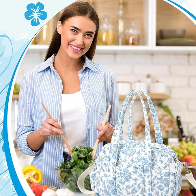 Zhehao Cute Lunch Bag for Women Large Quilted Insulated Lunch Box with Shoulder Strap, Crossbody Portable Leakproof Cooler Tote Bag for Adult Work Teacher Staff Office Travel Picnic(Blue Flower)