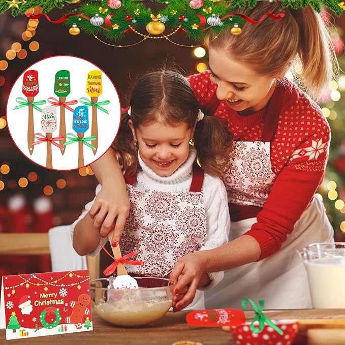 Newtay 20 Sets Christmas Silicone Spatula Cake Spatula Bulk Cooking Scraper with Wooden Handle Xmas Greeting Card Ribbon for Christmas Decoration Holiday Gifts Kitchen Party Favors (Classic Style)