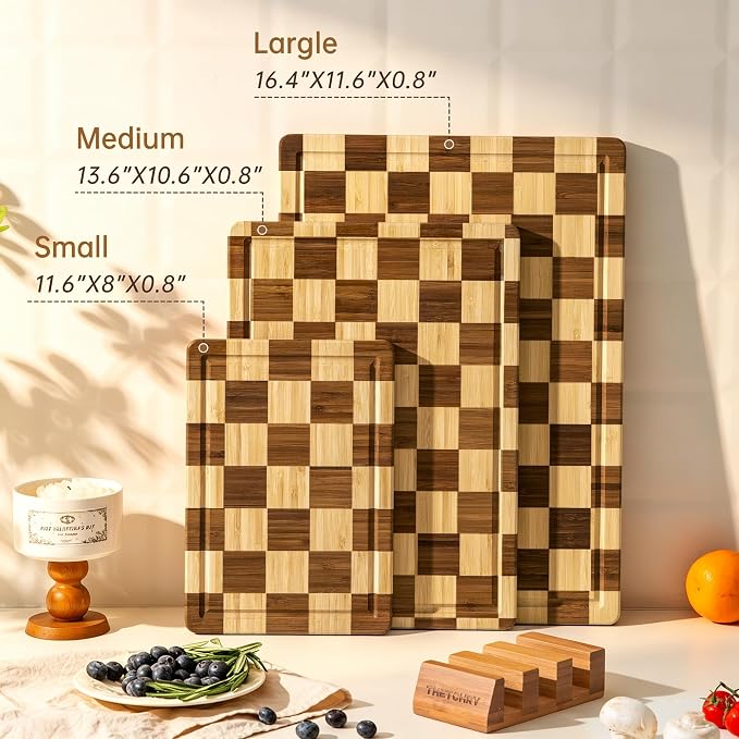 THETCHRY Bamboo Cutting Board Set, Checkered Wood Cutting Boards for Kitchen with Juice Groove, Non Toxic Wooden Charcuterie Boards, Non Slip Chopping Board for Meat Fruit Cheese, Housewarming Gift