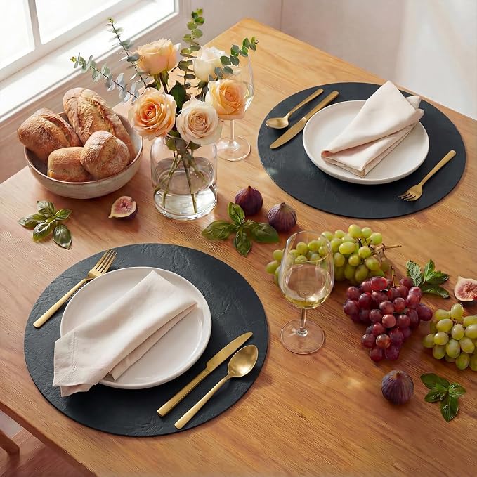 Artoid Mode Black Faux Leather Placemats Set of 8, 15 Inch Waterproof Wipeable Heat Resistant Vinyl Halloween Place Mats, Reversible Table Mats for Kitchen Dining Decor