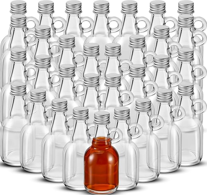 Suclain 32 Pcs 1.7oz Mini Glass Syrup Bottles Small Syrup Jars with Loop Handle and Lids Clear Glass Reusable Maple Jars Container Stout Sample Bottle for Potion Juice Milk Storage Sauce Oil