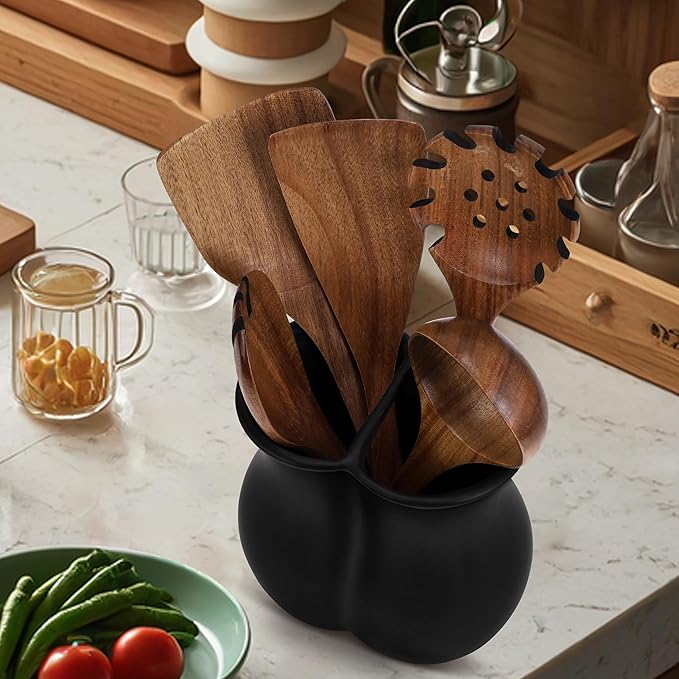 2026 Upgraded Vintage Kitchen Utensil Holder - Ceramic Utensil Crock Dual Compartment Curved, Modern Countertop Organizer for Farmhouse/Rustic Kitchen Decor(Matte Black)