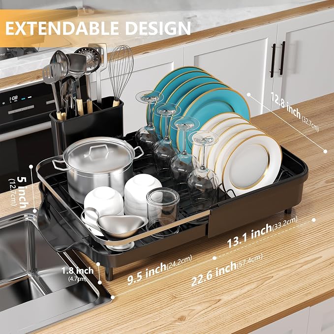 Expandable Dish Drying Rack，Dish Rack for Kitchen Counter-Dish Drainer with Efficient Drainage, Drainboard Set, and Utensil Holder, Over the Sink Dish Drainer Drying Rack