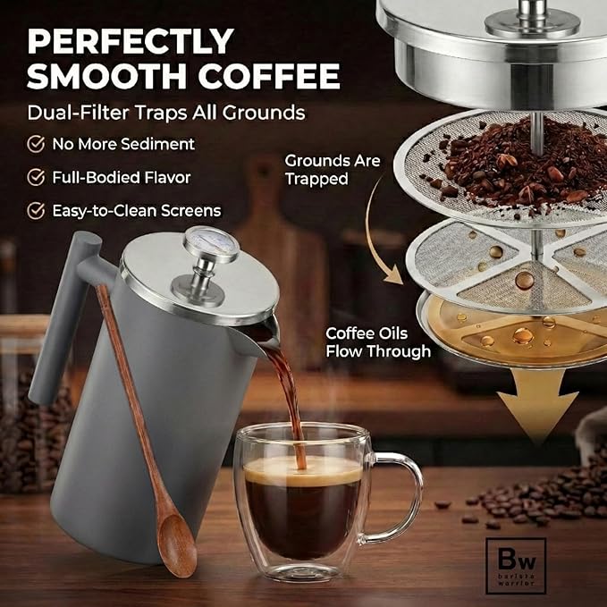 Barista Warrior French Press Coffee Maker - Double-Wall Stainless Steel Insulated French Press with Built-In Thermometer, Dual Filters Coffee Maker with Wooden Spoon - Grey