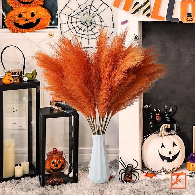 ZIFTY Orange Boho Decor 7-Pcs 38"/3.1FT Faux Pampas Grass Large Tall Fluffy Artificial Fake Flower Bulrush Reed Grass for Vase Filler Farmhouse Home Wedding Decorations(Orange)
