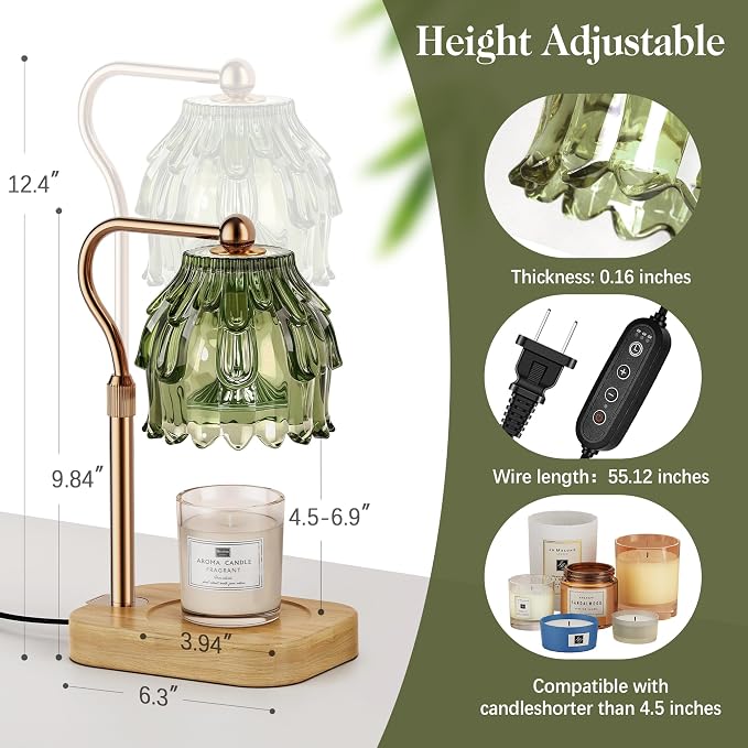 Candle Warmer Lamp with Timer Dimmer, Modern Wax Warmer for Scented Wax Jar Candle Warmer with 2 Bulbs, Adjustable Height Glass Lamp for Gifts for Women, Home Decor, Gold Green