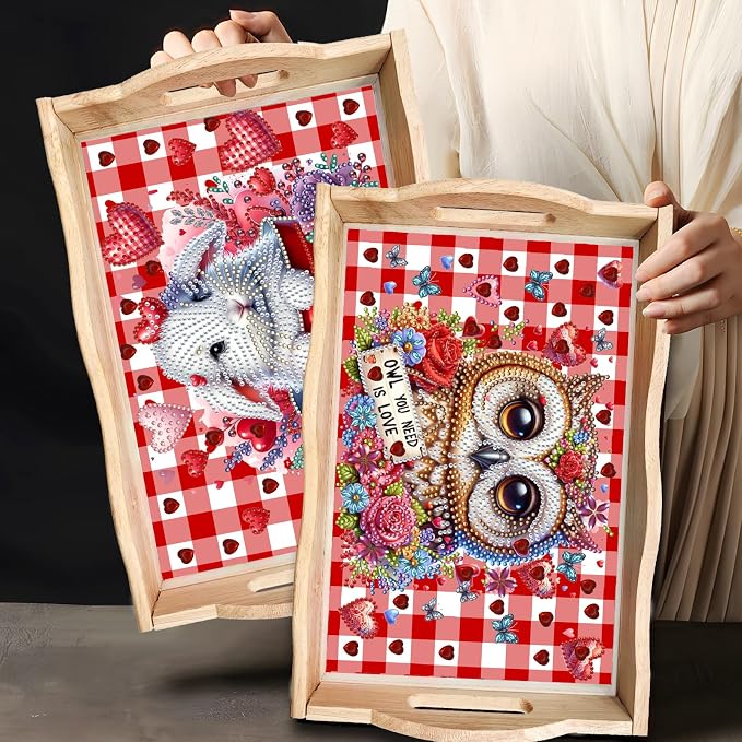 BAYUNOE DIY Diamond Serving Tray Rectangular Breakfast Tray with Handle Handmade Diamond Art Painting Wooden Tray Valentine's Day Red Plaid Dinner Plate Coffee Room Living Home Organizer-Rabbit
