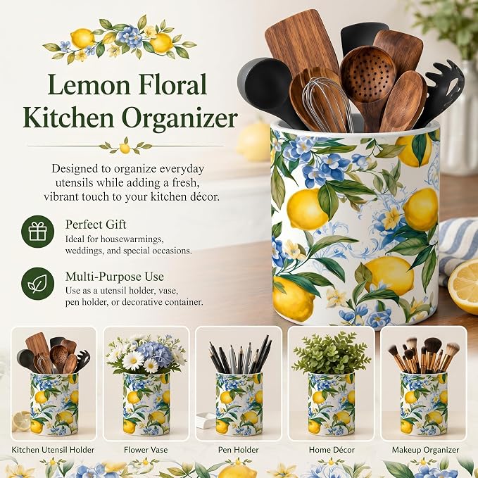 Suclain Lemon Ceramic Utensil Holder 6.3 Inch Rustic Kitchen Crock Summer Lemon Floral Design Countertop Storage Organizer for Spatula and Spoon Home Cooking Unique Gift Idea