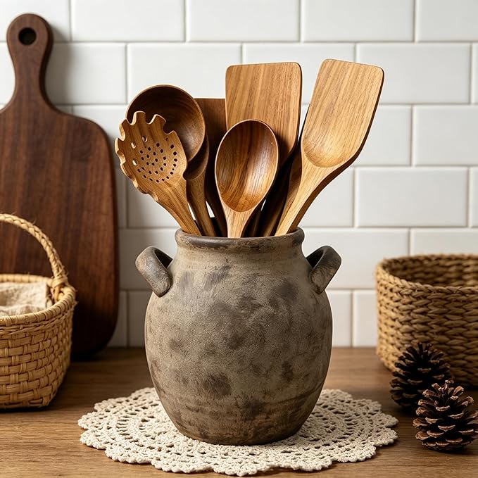 Rustic Kitchen Utensil Holder with Handle,7" Ceramic Farmhouse Stable Utensil Crock for Countertop, Vintage Cooking Tool Organizer & Spatula Holder For Kitchen Decor (Dark Brown)