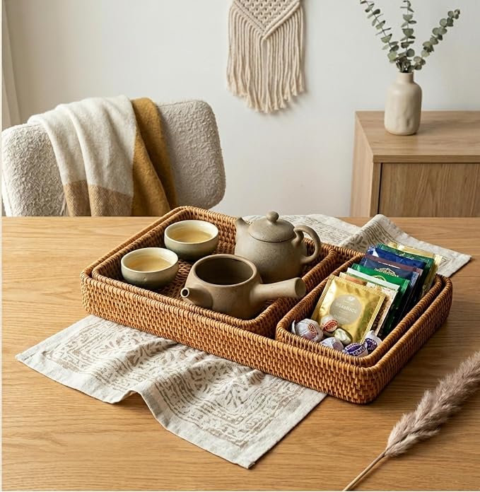 Rattan Serving Tray Set of 3, Rectangular Woven Tray, Natural Wicker Decorative Serving Tray, CoffeeTabletop Vanity Organizer, Bathroom Kitchen Counter, (S 4.3 x 8.3), (M 8.3 x 8.3), (L14.6 × 9.1)